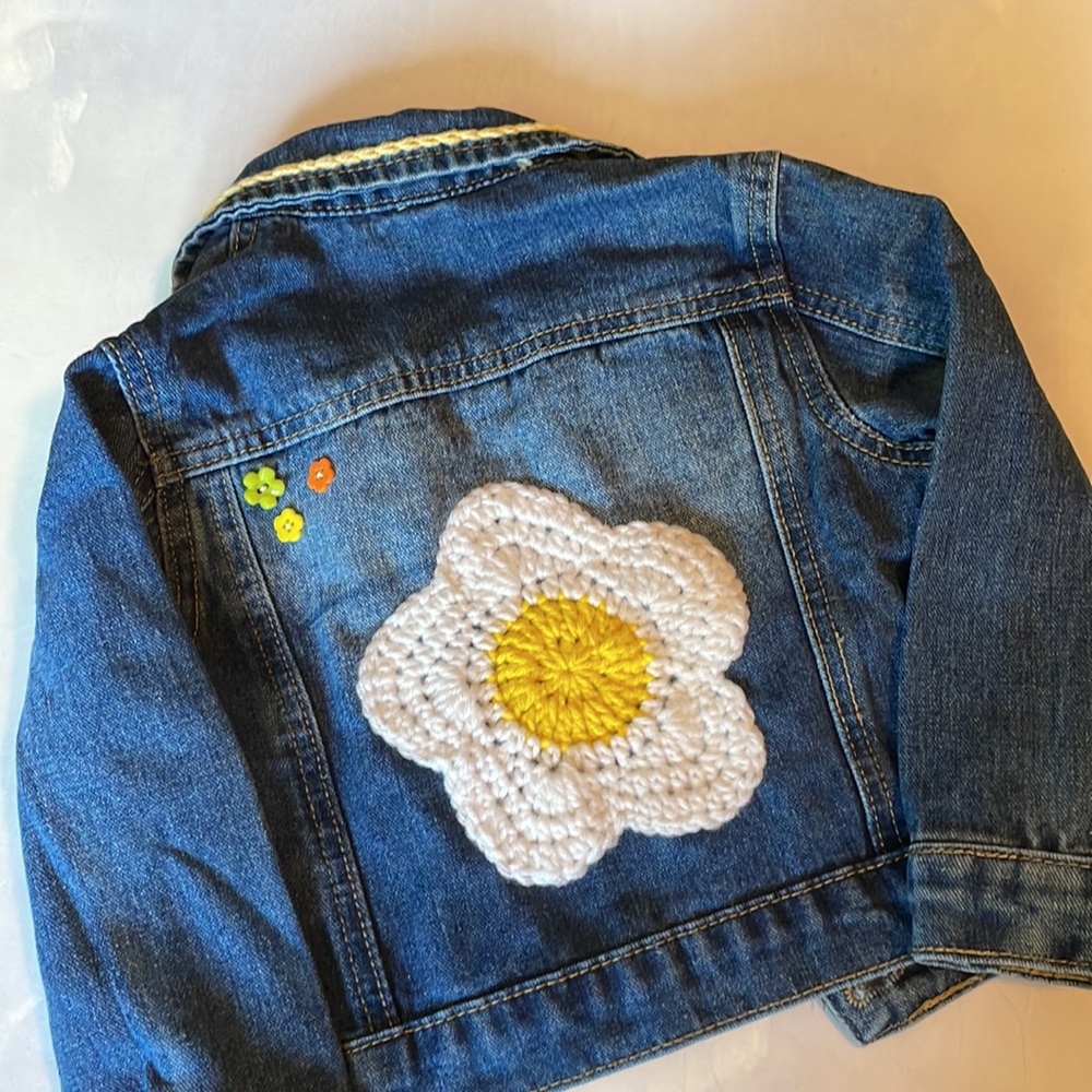 Baby Jean jacket with crochet daisy on back toddler size 12-18 months spring